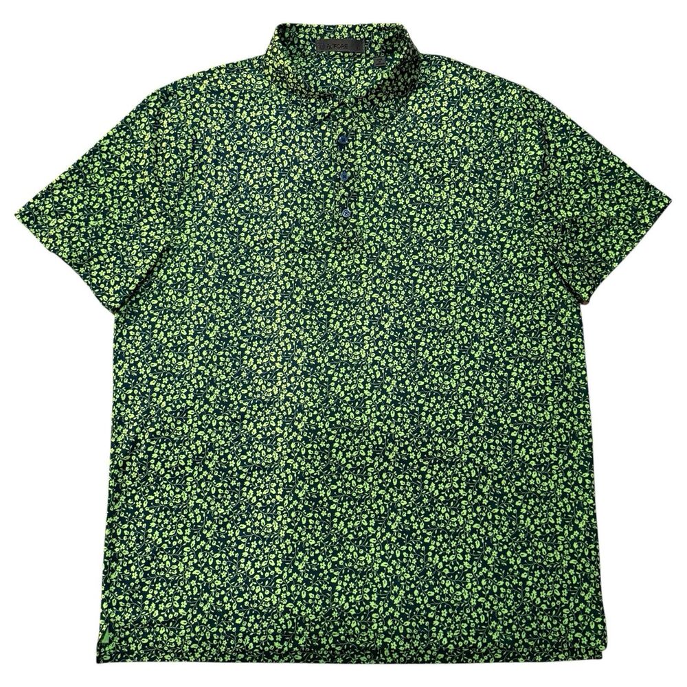 G/Fore Men Golf Polo Shirt XL Dark Green Neon Lime Yellow Floral Performance